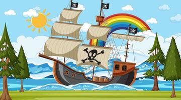 Ozean mit Piratenschiff bei Tageszeitszene im Karikaturstil