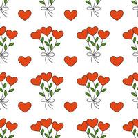 nahtlos Muster mit Strauß von Blumen im das gestalten von Herzen und Blätter. Valentinstag Tag romantisch Hintergrund. Vektor Karikatur eben Illustration.