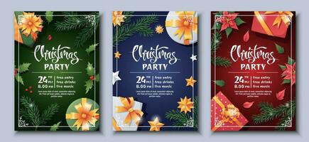 einstellen von festlich Weihnachten Party Einladung Vorlagen. Flyer, Poster mit Geschenk Kasten, Tanne Zweig, Sterne, Stechpalme, Weihnachtsstern. fröhlich Weihnachten und glücklich Neu Jahr vektor