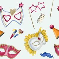 Karneval nahtlos Muster mit Aquarell Masken und Foto Stand Zubehör zum Karneval gras und purim vektor