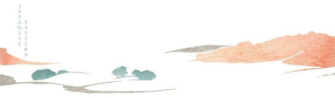 abstrakt Kunst Landschaft mit japanisch Welle Muster Vektor. Natur Kunst Hintergrund mit Berg Wald Aquarell Textur Banner Vorlage im Jahrgang Stil. Chinesisch traditionell Symbol und Symbol Design. vektor