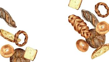 styrelse av annorlunda typer bröd vattenfärg isolerat på vit. hand dragen råg bröd, rostat bröd för bageri. målad challah, bagel. illustration av simit, limpa. element för design bageri, förpackning, meny vektor