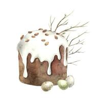 vattenfärg påsk kaka med dekor, pastell ägg och en kvist. påsk Semester illustration hand ritade. skiss på isolerat bakgrund för hälsning kort, inbjudningar, Lycklig högtider, posters vektor