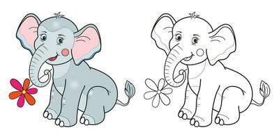 Lycklig elefant tecknad serie linje och Färg. tecknad serie vektor illustration för färg bok