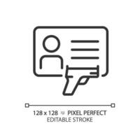2d Pixel perfekt editierbar schwarz Waffe Lizenz Symbol, isoliert einfach Vektor, dünn Linie Illustration Darstellen Waffen. vektor