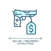 2d pixel perfekt redigerbar blå köpa pistol ikon, isolerat enfärgad vektor, tunn linje illustration representerar vapen. vektor