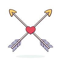 två korsade cupid pilar med hjärta i de mitten. valentines dag symbol. vektor illustration. hand dragen tecknad serie klämma konst med översikt. design element isolerat på vit bakgrund