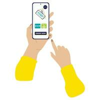 Hand halten Telefon mit Kauf Tickets im online Einkaufen. Webseite, Geschäft, Banner Design Konzept Vektor Illustration. Smartphone und Internet Technologie eben Stil Vorlage zum Banner, Karte, Poster