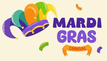 mardi gras karneval fest illustration med gycklare hatt. vektor illustration för affisch, hälsning kort, fest inbjudan, baner eller flygblad, vektor design element