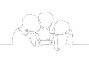 ett kontinuerlig linje teckning av de silhuett av tre personer böjd över en teknisk enhet. tre grabbar är ser på de läsplatta skärm vektor