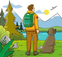 Wanderer mit Rucksack und Hund im das Park. Vektor Illustration.