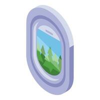 resa över skog flygplan fönster ikon isometrisk vektor. flyg Upptäck vektor