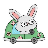 Vektor Ostern Hase Symbol zum Kinder. süß kawaii Hase Illustration. komisch Karikatur Hase Charakter. traditionell Frühling Urlaub Symbol im Brille Fahren ein Grün Auto mit Rosa Blumen