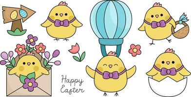 Vektor Ostern Küken einstellen zum Kinder. süß kawaii Hühner Sammlung. komisch Karikatur Figuren. traditionell Frühling Urlaub Symbol Illustration mit Vogel mit Korb, Eier, fliegend auf heiß Luft Ballon