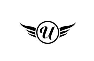 svartvita u vinge vingar alfabetet brev logotyp ikon med cirkel för företagets design och företag vektor