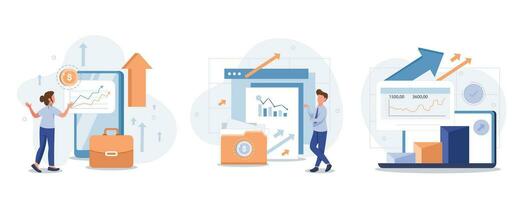 finansiell illustration uppsättning. tecken investera pengar i stock marknadsföra. människor analyserar finansiell grafer, senast stock marknadsföra Nyheter och Övrig data. stock handel begrepp. vektor illustration.