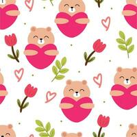 sömlös mönster av tecknad serie björnar och rosa blommor. söt valentine tapet illustration för gåva omslag papper, bakgrunder och hälsning kort vektor