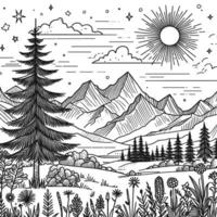 enkel skiss färg bok för barn, illustrationer av naturlig landskap, med bergen och de Sol, där är tall träd för vektor