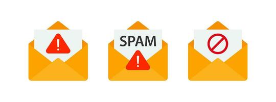Spam Email Symbol. Virus Mail Botschaft Symbol. Malware Brief Zeichen. Hacker Schutz Symbole. Internet Betrug Symbole. Vektor unterzeichnen.