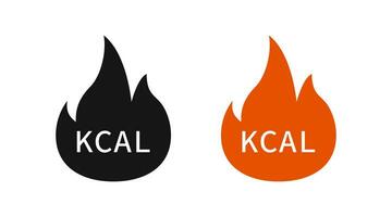 kcal im das Feuer Symbol. Kalorie brennen Symbol. Fitness Zeichen. Diät Symbole. Gewicht Symbole. Schwarz, Orange Farbe. Vektor unterzeichnen.