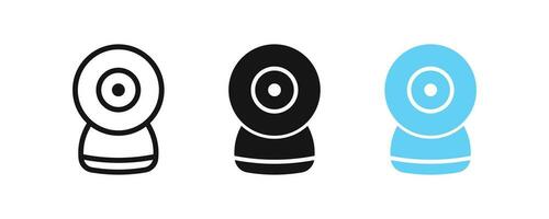 Computer Netz Nocken Symbol. Webcam Symbol. Zuhause Video Kamera Zeichen. Leben Strom, Konferenz, Treffen Symbole. Überwachung Symbole. Schwarz, Blau Farbe. Vektor unterzeichnen.