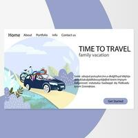 Zeit zu Familie Reise. Agentur Landung Buchseite. Vektor Website Auto mit Gepäck, Reise Transport aktiv Illustration