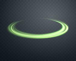 lysande grön magi ringar. dynamisk orbital blossa halo ringa. neon realistisk energi susa virvla runt. abstrakt ljus effekt på en mörk bakgrund. vektor illustration.