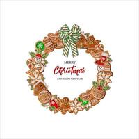 jul bakgrund med runda pepparkakor ram. julkrans med kakor och rosett vektor