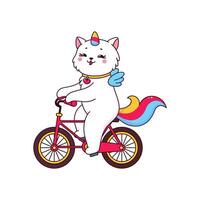 Karikatur süß Caticorn Katze Charakter Reiten Fahrrad vektor