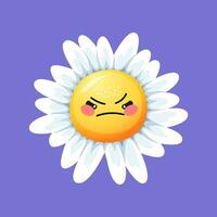 tecknad serie arg kamomill, daisy blomma leende emoji vektor