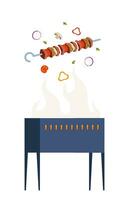 kebab, shashlik, grillad på grillspett, mat kött. matlagning kött shashlik på brand bbq utomhus. shish kebab med skiva lök, peppar, och tomat. vektor illustration.