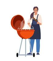 kvinna matlagning utegrill grill. utegrill scen. leende man innehar kebab. fritera kött på brand. vektor illustration.