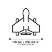 2d Pixel perfekt editierbar schwarz Militär- Drohne Symbol, isoliert einfach Vektor, dünn Linie Illustration Darstellen Waffen. vektor