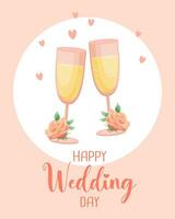 bröllop kort. glasögon med champagne, blommor och hjärtan. hälsning mall, inbjudan, vektor