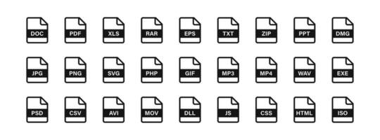 Datei Symbol. Format von Unterlagen auf das Computer Symbol. jpg, pdf, Doktor, rar, Folge, txt, Reißverschluss, ppt Zeichen. Video Dateien Symbole. Präsentation, Audio, Design Symbole. schwarz Farbe. Vektor unterzeichnen.