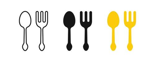 gaffel, sked ikon. porslin symbol. verktyg för mat tecken. bestick symboler. kök ikoner. svart, gul Färg. vektor tecken.