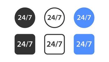 24 7 klocka ikon. alltid öppen symbol. Stöd 24 timmar tecken. fyrkant, cirkel symboler. telefon ring upp ikoner. svart, blå Färg. vektor tecken.