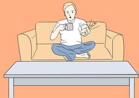 ein mann, der auf dem sofa sitzt, drückt die fernbedienung des fernsehers und trinkt eine tasse kaffee. hand gezeichnete stilvektordesignillustrationen vektor