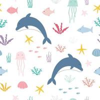nahtlose Cartoon-Muster Delfine schwimmen im Meer Meereslebewesen Hintergrund handgezeichnet im Kinderstil für Stoffe, Textilien Mode-Vektor-Illustration verwendet vektor