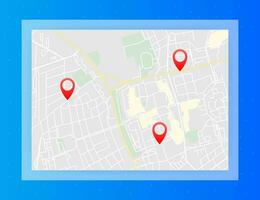 Stadt Karte mit Stifte. Geographisches Positionierungs System Navigation Route mit Zeiger. Stadt, Dorf Straßen und Wohn Blöcke. vektor