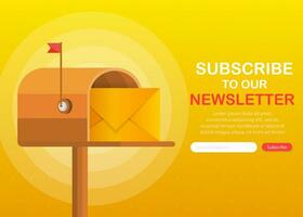 Briefkasten mit ein Brief Innerhalb im ein eben Stil auf ein Gelb Hintergrund. abonnieren zu unser Newsletter. Vektor Illustration.