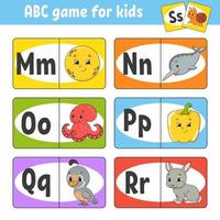 ABC-Flash-Karten einstellen. Alphabet für Kinder. Buchstaben lernen. Arbeitsblatt zur Bildungsentwicklung. Aktivitätsseite für Englisch lernen. Spiel für Kinder. lustiger Charakter. Vektor-Illustration. Cartoon-Stil. vektor