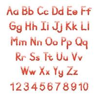 engelska alfabetet. vektor uppsättning. ljus röd färgstil. för halloween. handritad typsnitt. siffror, små och stora bokstäver.