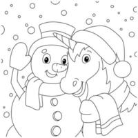 en magisk enhörning och en snögubbe firar det nya året tillsammans. målarbok för barn. tecknad stil karaktär. vektor illustration isolerad på vit bakgrund.