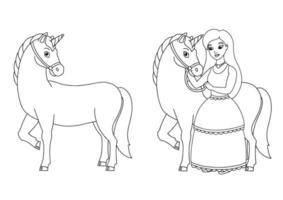 die Prinzessin und das Einhorn. Malbuchseite für Kinder. Zeichentrickfigur. Vektor-Illustration isoliert auf weißem Hintergrund. vektor