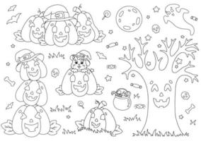 eine Reihe von lustigen Kürbissen, Baum, Mond, Katze. Malbuchseite für Kinder. Halloween-Thema. Zeichentrickfigur. Vektor-Illustration isoliert auf weißem Hintergrund. vektor