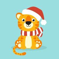 Tiger-Simbol in einer Weihnachtsmütze. Zeichentrickfigur. bunte Vektorillustration. auf farbigem Hintergrund isoliert. Gestaltungselement. Vorlage für Ihr Design, Bücher, Aufkleber, Karten. vektor