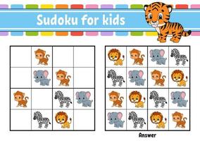 Sudoku für Kinder. Arbeitsblatt zur Bildungsentwicklung. Aktivitätsseite mit Bildern. Puzzle-Spiel für Kinder. logisches Denken trainieren. isolierte Vektor-Illustration. lustiger Charakter. Cartoon-Stil. vektor