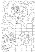 en gullig fladdermus flög in i slottet. målarbok för barn. tecknad stil karaktär. vektor illustration isolerad på vit bakgrund.