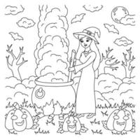 Eine junge Hexe braut in einem Kessel einen Trank. Malbuchseite für Kinder. Zeichentrickfigur. Vektor-Illustration isoliert auf weißem Hintergrund. Halloween-Thema. vektor